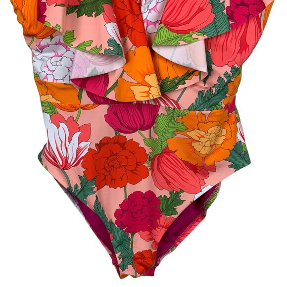 Trina Turk Sunny Bloom Ruffle Neck One Piece Swimsuit Pink Floral Women's 10 - Picture 5 of 10